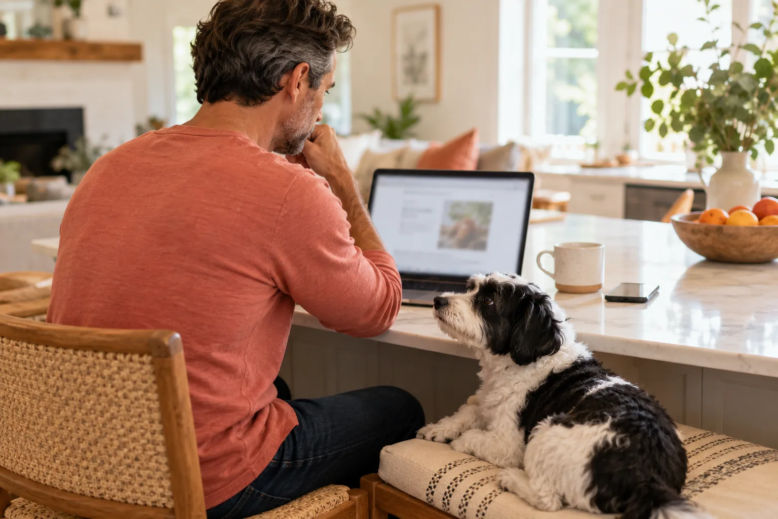 Person using a laptop while a black and white dog sits nearby